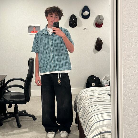 Blue/Green Y2K Surf Cropped Button Up - Picture 2 of 6